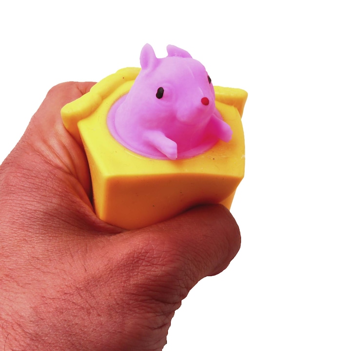 Figurina veverita in casa galbena, de silicon, antistres Jucarii, pentru copii, roz, 6 cm, Dalimag