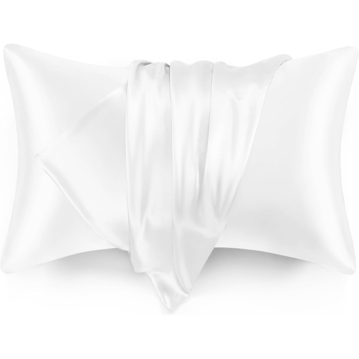 Set 2 Fata de Perna din Satin cu Protectie pentru Par si Ten, Nu electrizeaza parul, Placuta la atingere, 50x70 cm-alb