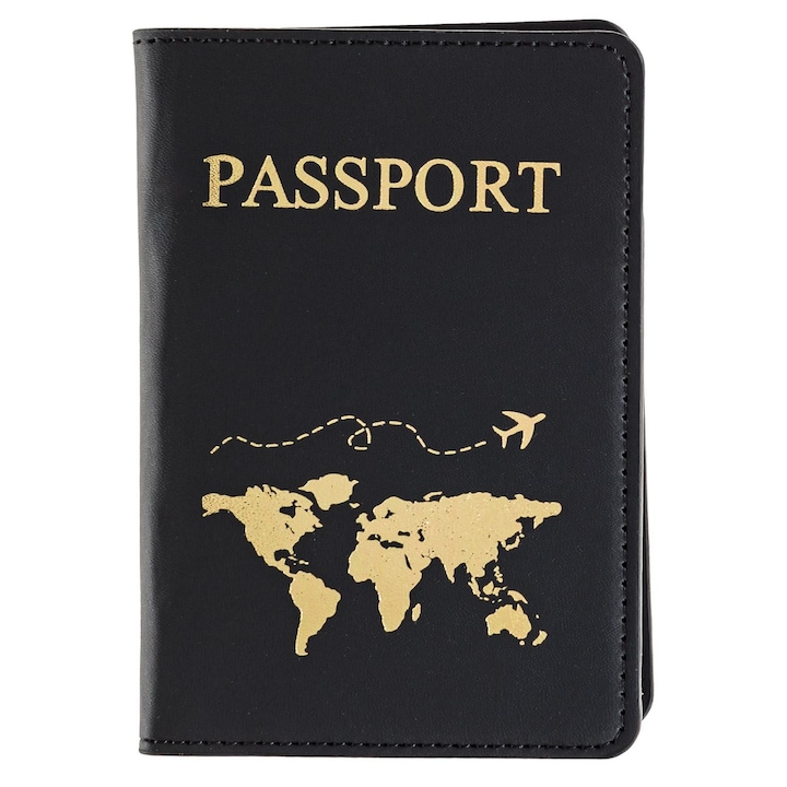 Корица за паспорт, черна, златни детайли, 9x13,8 см, PU