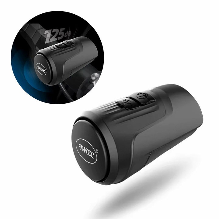 Sonerie bicicleta electronica, alarma antifurt, claxon 125 dB, baterie 200 mAh cu incarcare USB, potrivire universala inclusiv trotineta, scuter, bicicleta electrica, e-bike, prindere ghidon