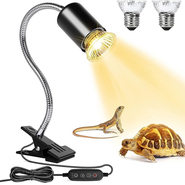 Lampa de incalzire pentru reptile, Rqiurpn, cu temporizator, 2 becuri, design flexibil, 12 inch, negru