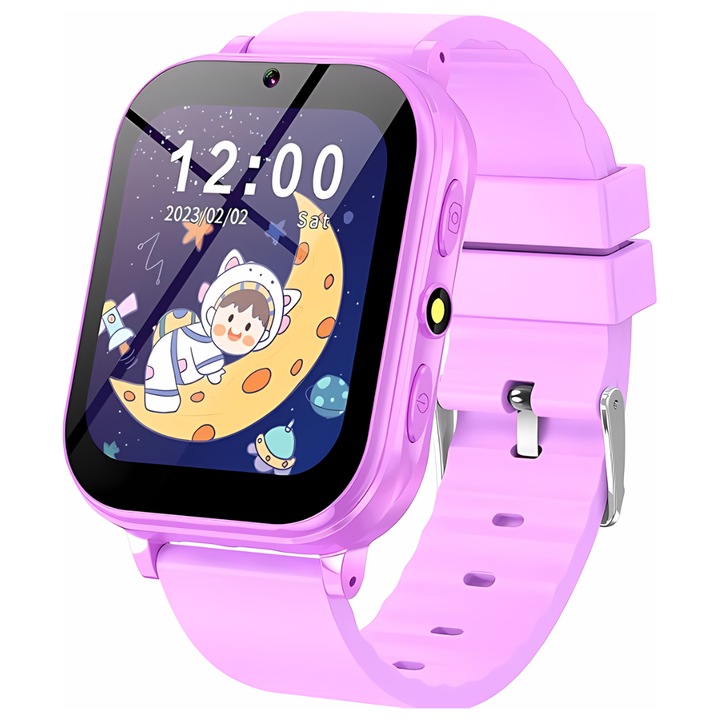 Ceas Inteligent pentru Copii, Smartwatch, Control Parental, Pedometru, Sticla Rezistenta, Bratara Silicon, Redare Video si Muzica, Inregistrare Sunet, Lanterna Incorporata, 22 Jocuri Puzzle Interactive, Camera Foto Frontala, Incarcare USB, G finity, Mov