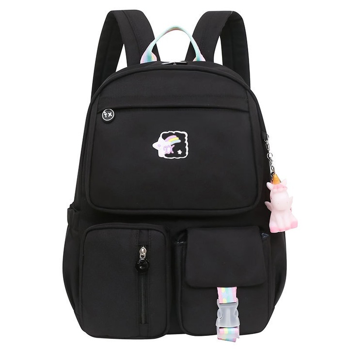 Iskolatáska, lányoknak, mérete 30 x 12 x 41 cm, sima poliészterből, vízálló, fekete