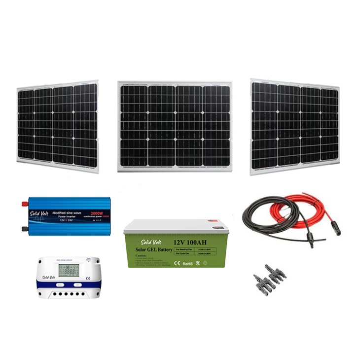 Kit solar fotovoltaic off grid Solid Volt, invertor 2000W 12V/24V, 3 panouri solare 30W, regulator/ controller 30A, baterie solara 70Ah si 20 m cablu solar cabana, rulota, casa, autorulota, container, iluminat