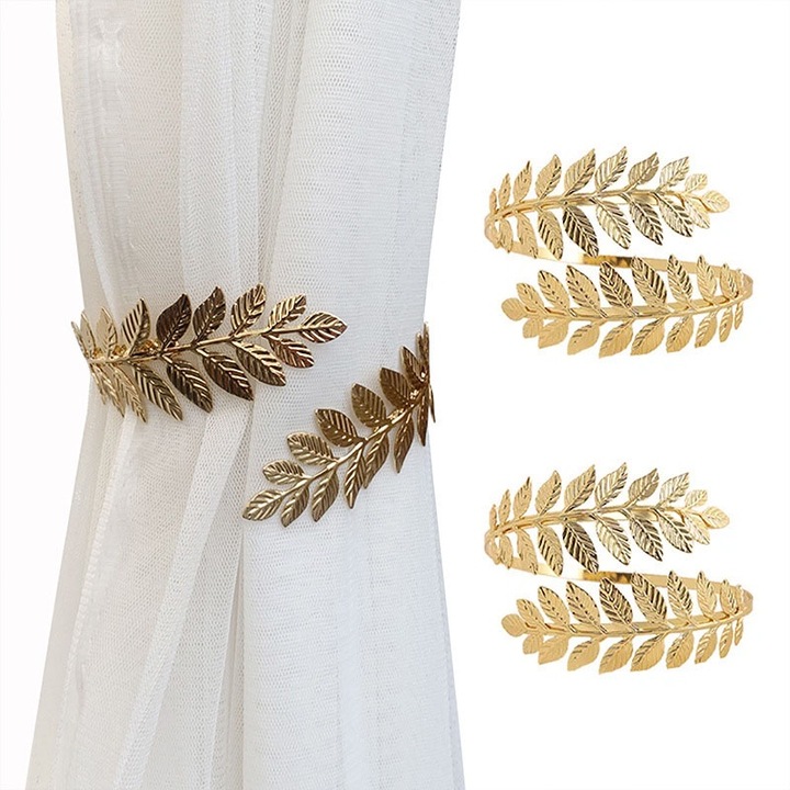 Set de 2 clips pentru perdele, design frunza, auriu, metal