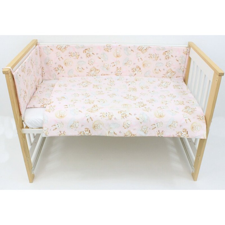 Lenjerie 4 piese, bumbac, Caprioara Bambi si prietenii, 120x60 cm, roz