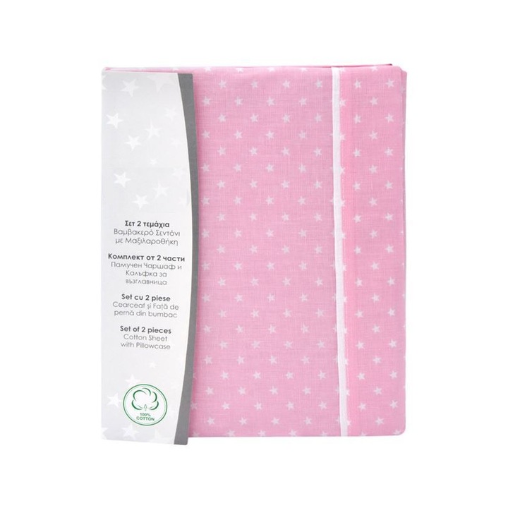 Set cu cearceaf 160x120 si fata de perna 40x30cm., din bumbac pentru fete, roz cu stele albe