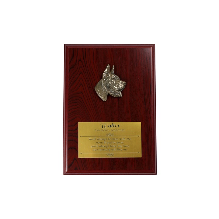 Placa comemorativa cu bas-relief caine, personalizabila, 34x24cm, MDF, bronz turnat rece