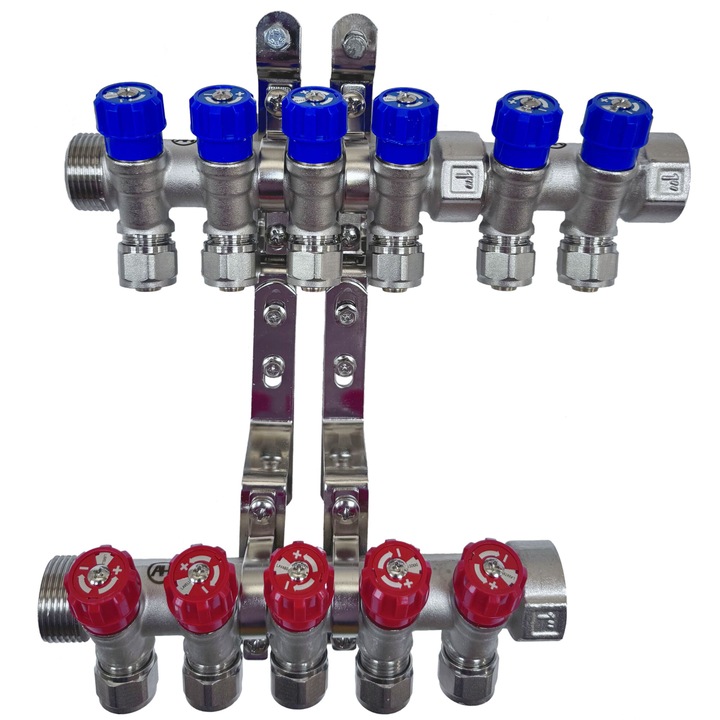 AQUA HEATING Sárgaréz elosztó 1" PEX Eurocon 16x2.0 csatlakozókkal 6 kör Kék 5 kör Piros