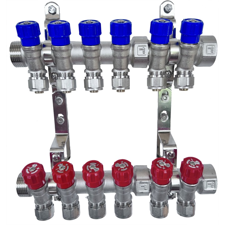 AQUA HEATING Distribuitor din alama 1" cu conectori PEX Eurocon 16x2.0 6 circuite Albastru 6 circuite Rosii