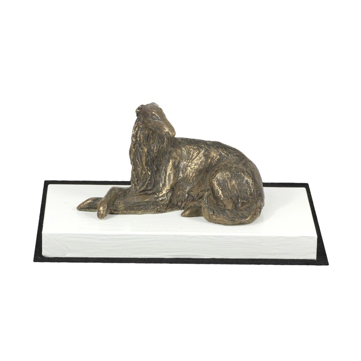 Barsoi szobor, művészeti kutya, bronz figura, fehér talapzaton, kis méret