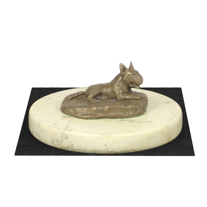 Bull Terrier kutya figura, Art-Dog, hidegen öntött bronz, 10x15cm, bézs kő alap