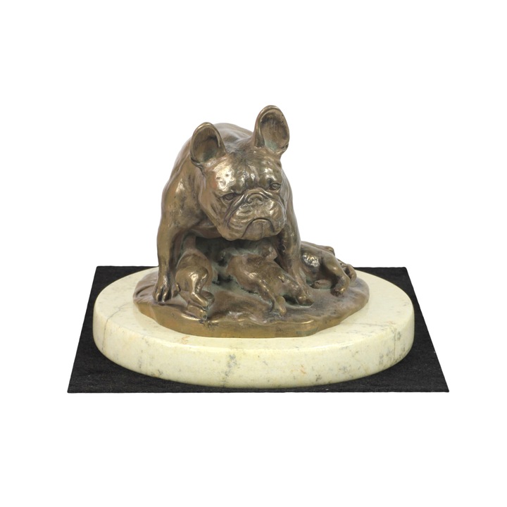 Francia bulldog kutya figura, Art-Dog, hidegen öntött bronz, 10x15cm, bézs kő talp