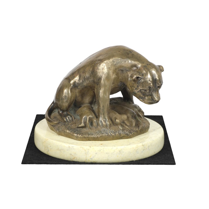 Staffordshire Bull Terrier kutya figura, Art-Dog, hidegen öntött bronz, 10x15cm, bézs kő talp