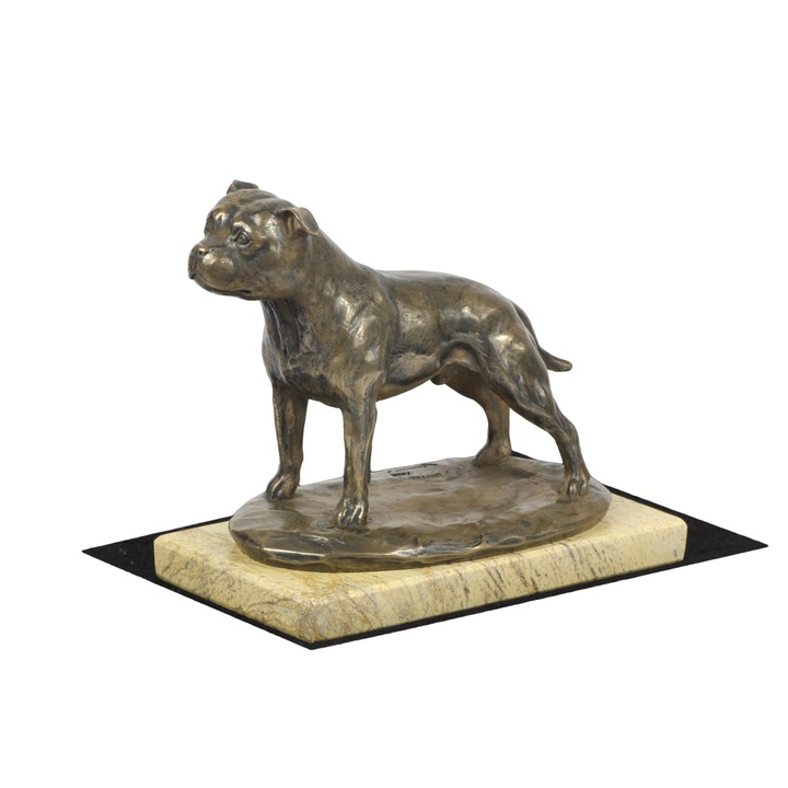 Staffordshire Bull Terrier kutya figura, Art-Dog, hidegen öntött bronz, 10x15cm, bézs kő talp