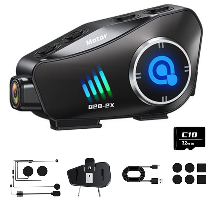 Sistem de comunicare moto intercom Element-x®, Camera 1080P cu unghi Larg 120°, Interfon dual pe 500m Wireless, Inregistrare Video HD/foto 2MP, 50 h muzica, asistent vocal, reducere inteligenta a zgomotului, Bluetooth 5.0, IPx67, card TF de 32 GB, negru
