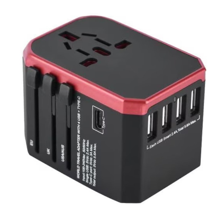 Adaptor priza universal pentru calatorie, 4 x USB, 1 x Type C 3.0A, siguranta incorporata, All in One pentru US, UK, EU, Australia, Asia, culoare rosu mat si negru