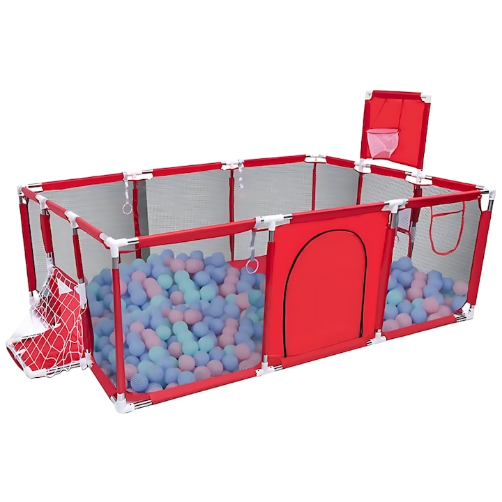 Tarc centru de activitati pentru copii, JOZY®, 150x180 cm, design cu cos pentru mingi si plasa de protectie, spatios si pliabil, structura metalica stabila, rosu