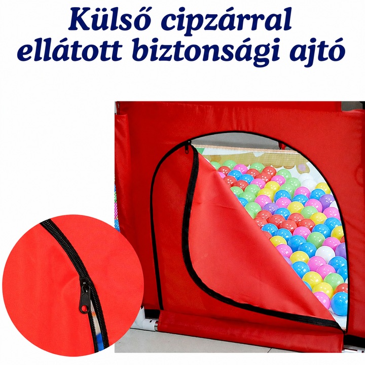 Bukino® gyermek járóka 180x120 cm, fémvázas játszótér kosárlabdapalánkkal és focikapukkal, biztonsági hálóval, cipzáras ajtóval, tágas kialakítás, piros