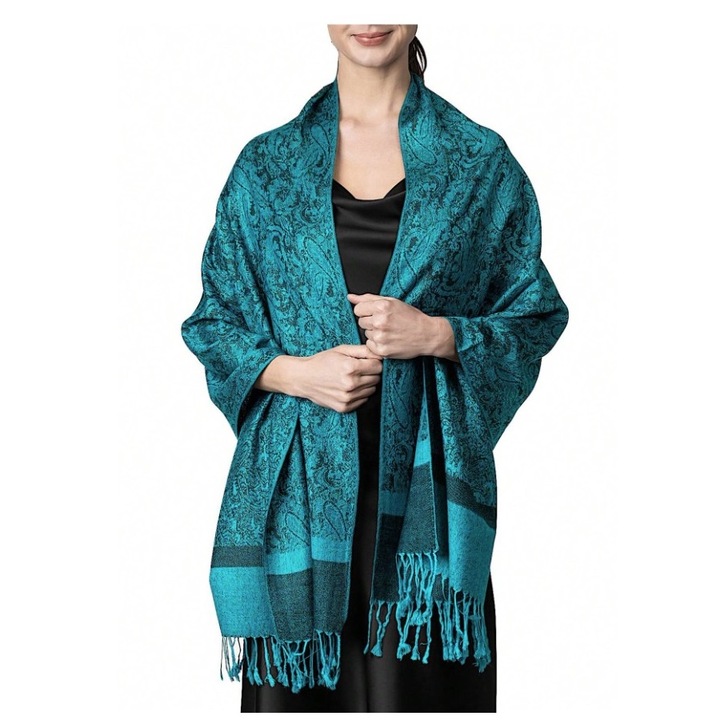 Sal subtire pentru dama din materiale premium, bordura cu franjuri, culoarea verde petrol, The Casius.®