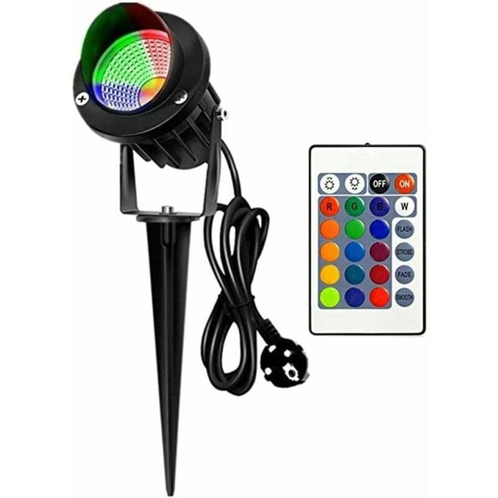 Пейзажен прожектор 10W, водоустойчив IP65, RGB, 1.5m кабел, дистанционно управление 8-10m