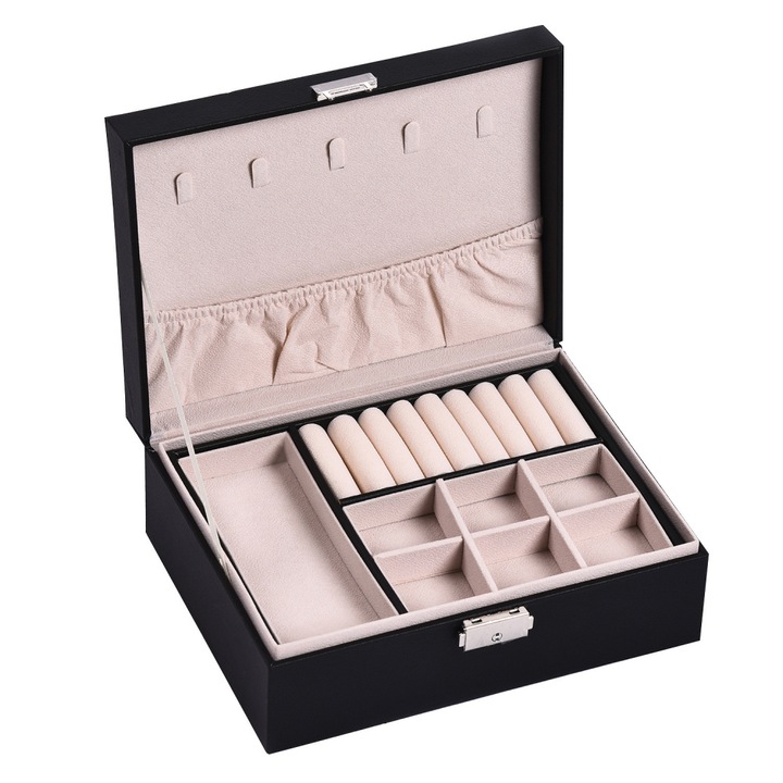 Jormftte ékszerdoboz, 2 rétegű, vegán bőr, vízálló, rendszerező fülbevalókhoz, karkötőkhöz, gyűrűkhöz, fekete színű, méretei 20x10x10cm