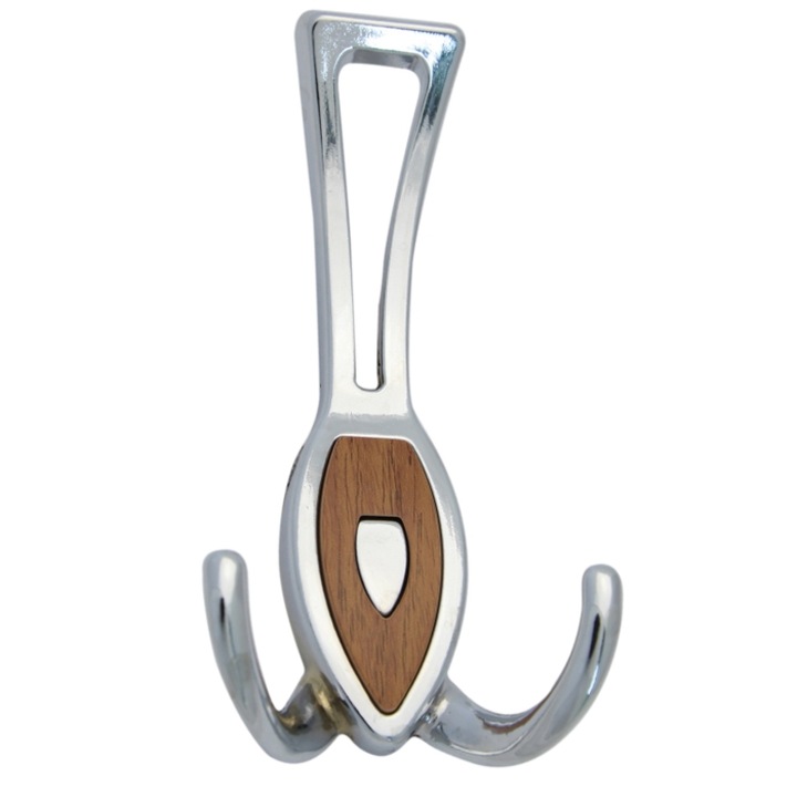 Cuier mobila cu 3 agatatoare, zamac, cromat + stejar, pentru baie, dormitor, hol, prindere pe mobila / perete, 495.15.446