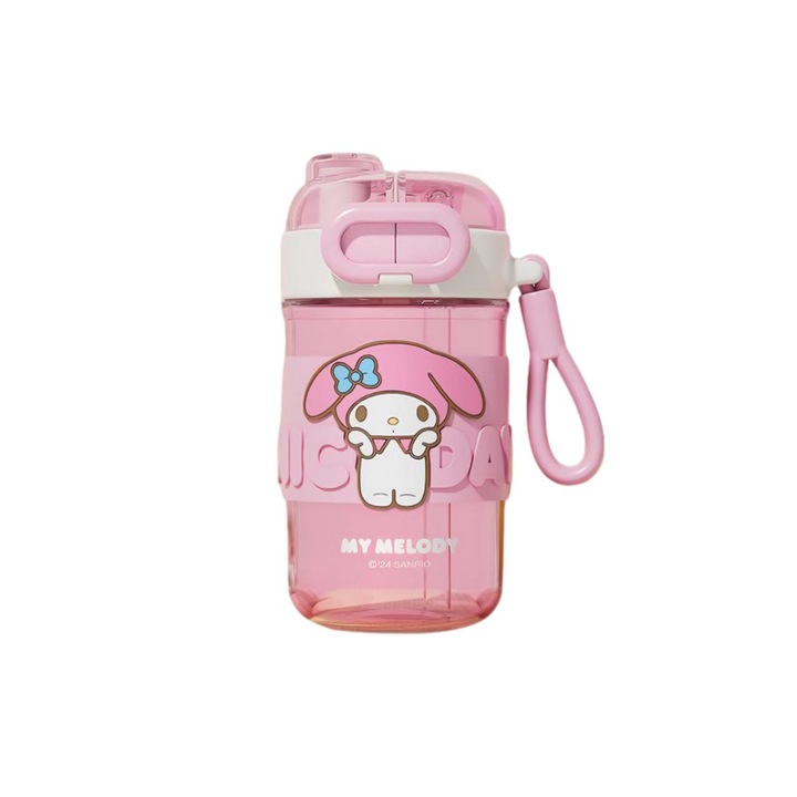 Детска бутилка за вода с дизайн My Melody, 510 мл, система за пиене с двойна сламка и широко гърло, устойчивост на падане, плътно затваряне на 360°, екологичен материал тритан, без BPA, дръжка за носене, розово