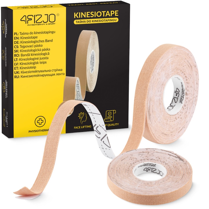 Kinesio Tape pentru taping facial, 4FIZJO, flexibil, hipoalergenic, prietenos cu pielea, privind reabilitarea muschilor faciali si sustinerea lor in procesul de vindecare, Bumbac/Elastan, 1 cm x 5 m, Bej