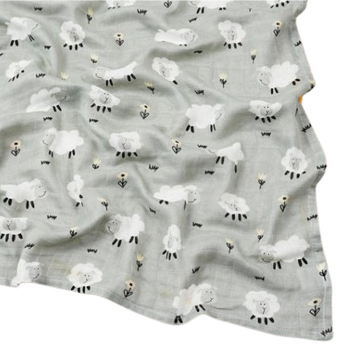 Muselina din bambus si bumbac organic, 120 x 110 cm, multifunctionala, anti-acarieni, antistatica, ideala pentru infasat - baita - invelit, oite gri