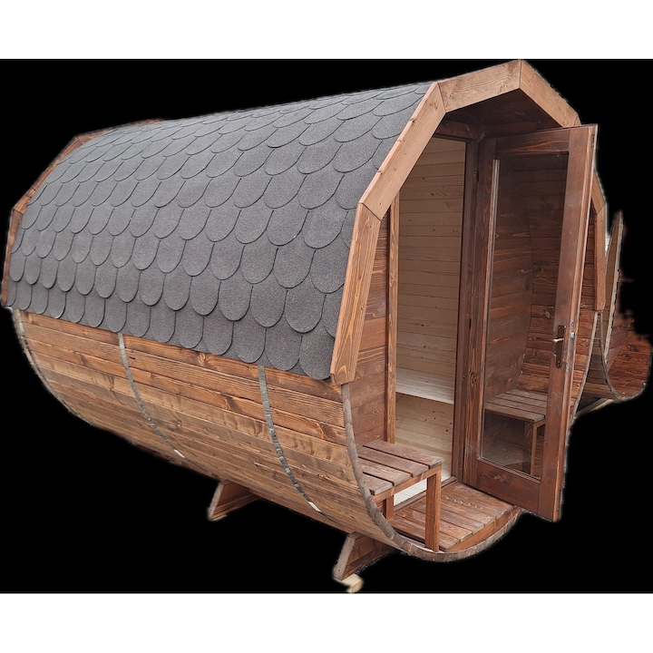 Sauna tip butoi, 2.2x 2.7 m, cu soba de lemn sau electronic, accesorii, 4-5 persoane