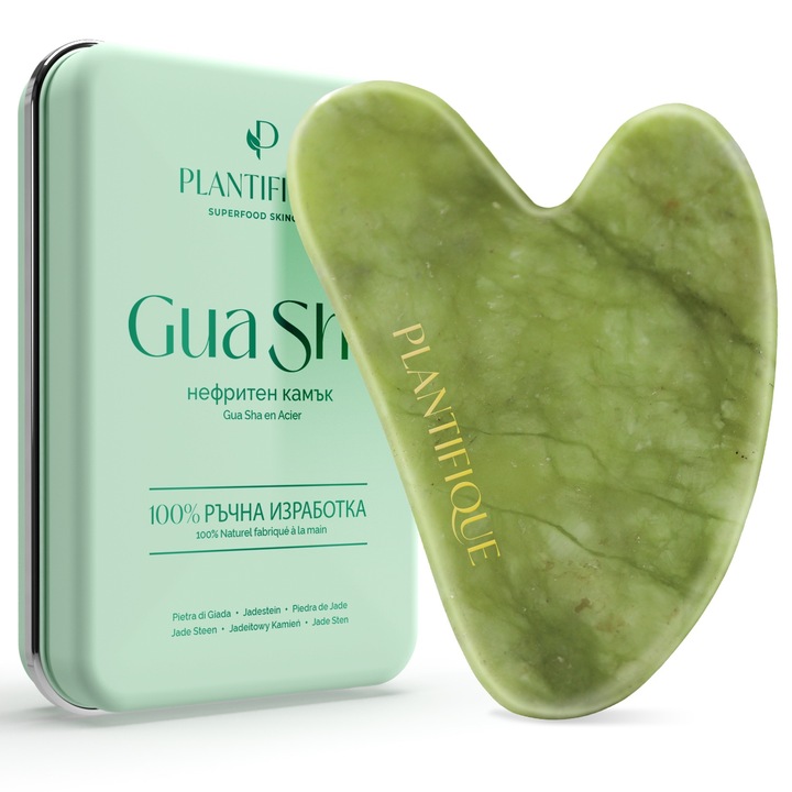 PLANTIFIQUE Нефрит Gua Sha Масажор за Лице и Тяло – Естествен Камък за Оформяне на Челюстта и Скулите – Насърчава Кръвообращението, Против Бръчки и Стареене – Комплект за Грижа за Кожата
