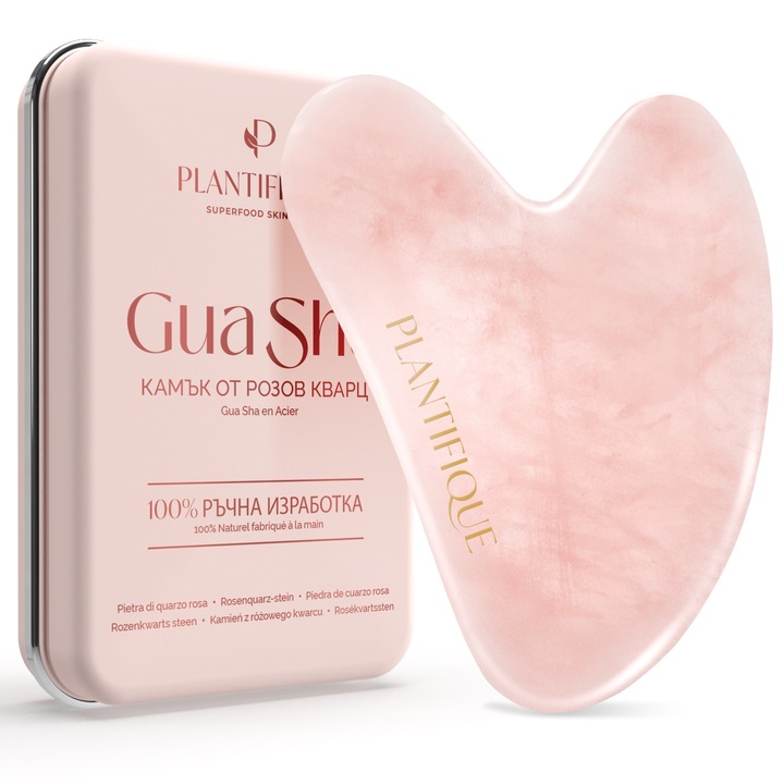 PLANTIFIQUE Розов Кварц Gua Sha Масажор за Лице – Естествен Камък за Против Стареене и Оформяне на Челюстта – Масажен Уред за Грижа за Кожата и Премахване на Бръчки – Комплект за Лице