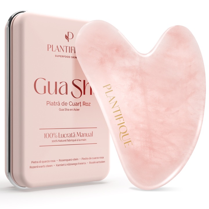 Aparat de Masaj Gua Sha din Piatra de Cuart Roz, Lifting Natural - PLANTIFIQUE Instrument Anti-Imbatranire pentru Ten Uniform - Drenaj Limfatic Facial, Imbunatatirea Circulatiei, Relaxare Musculara, Tonifiere Piele