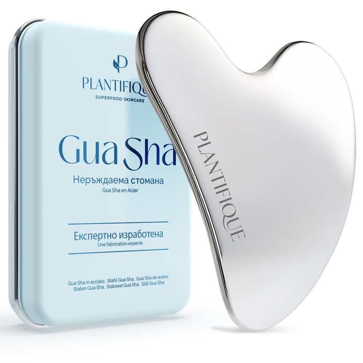 PLANTIFIQUE™ Gua Sha Jade камък от неръждаема стомана за масаж на лице и тяло, изработен от качествена неръждаема стомана, инструмент за грижа против стареене, намаляване на бръчките, детоксикация и релаксация, майсторски изработен