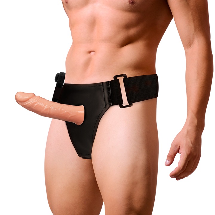 Ham strap on cu dildo cu interiorul gol pentru extensie penis - HARNESS ATTRACTION - RNES HOLLOW BENNY WITH VIBRATOR 15 CM -O- 4.5 CM