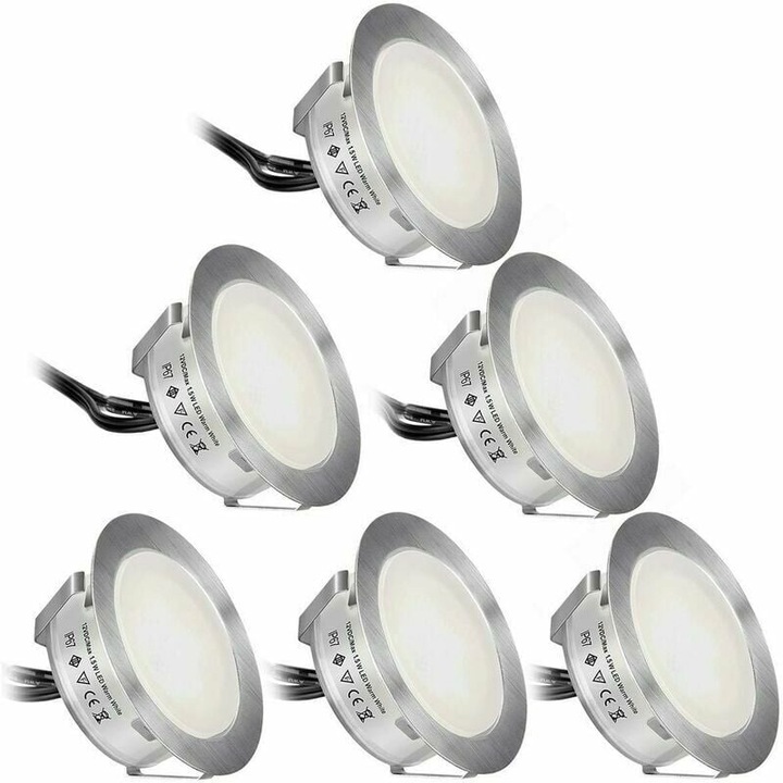Комплект от 6 LED прожектора за вграждане за външна употреба, топло бяло, IP67, 1.5W, 55mm, DC12V захранване