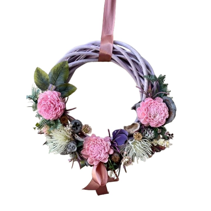 Coronita decorativa, flori uscate si artificiale, de nuiele, D30cm, multicolor