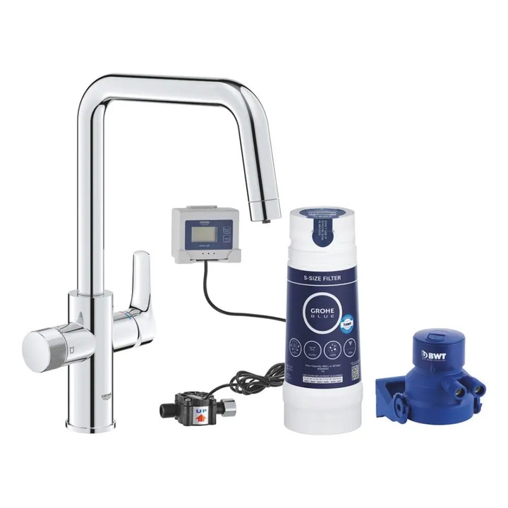 Baterie bucatarie GROHE 30559000 Blue Pure Via, crom, Starter Kit cu filtru 600 litri