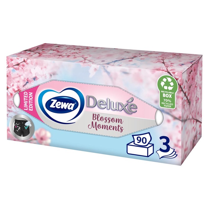 Zewa Deluxe Blossom Moments dobozos illatmentes papír zsebkendő, 3 rétegű, 90 db