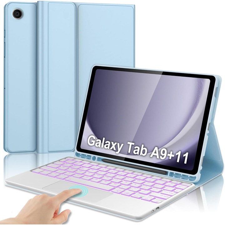 Клавиатура за таблет，За Samsung A9+plus Touch Backlit Keyboard X210 Case X216 Pen Slot Touchpad Кожен калъф, 11 инча, 7-цветна осветена безжична клавиатура, Bluetooth 5.3, USB-C, Blue Sky