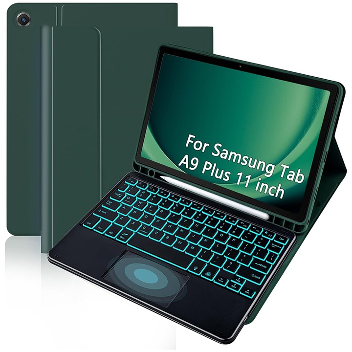 Клавиатура за таблет, Съвместима с Samsung A9+plus Touch Backlit Keyboard X210 Case X216 Pen Slot Touchpad Кожен калъф, 11 инча, 7-цветна осветена безжична клавиатура, Bluetooth 5.3, USB-C, тъмнозелен
