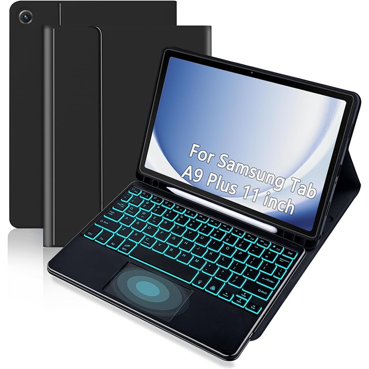 Клавиатура за таблет, Съвместима с Samsung A9+plus Touch Backlit Keyboard X210 Case X216 Pen Slot Touchpad Кожен калъф, 11 инча, 7-цветна осветена безжична клавиатура, Bluetooth 5.3, USB-C, черен