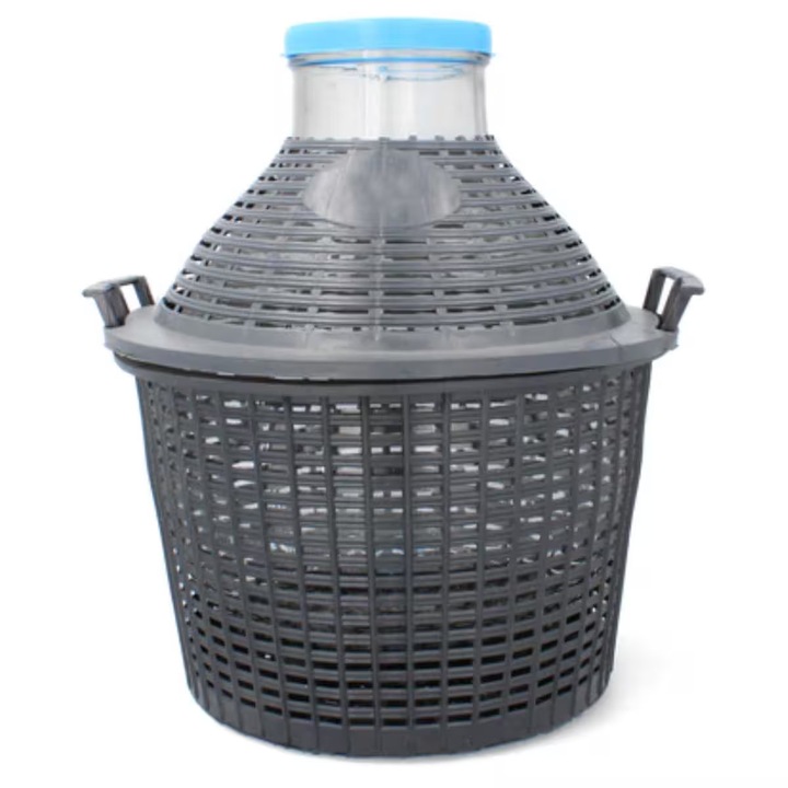 Damigeana din Sticla cu Capac si Cos de Protectie din Plastic, Gura Larga, 5 Litri