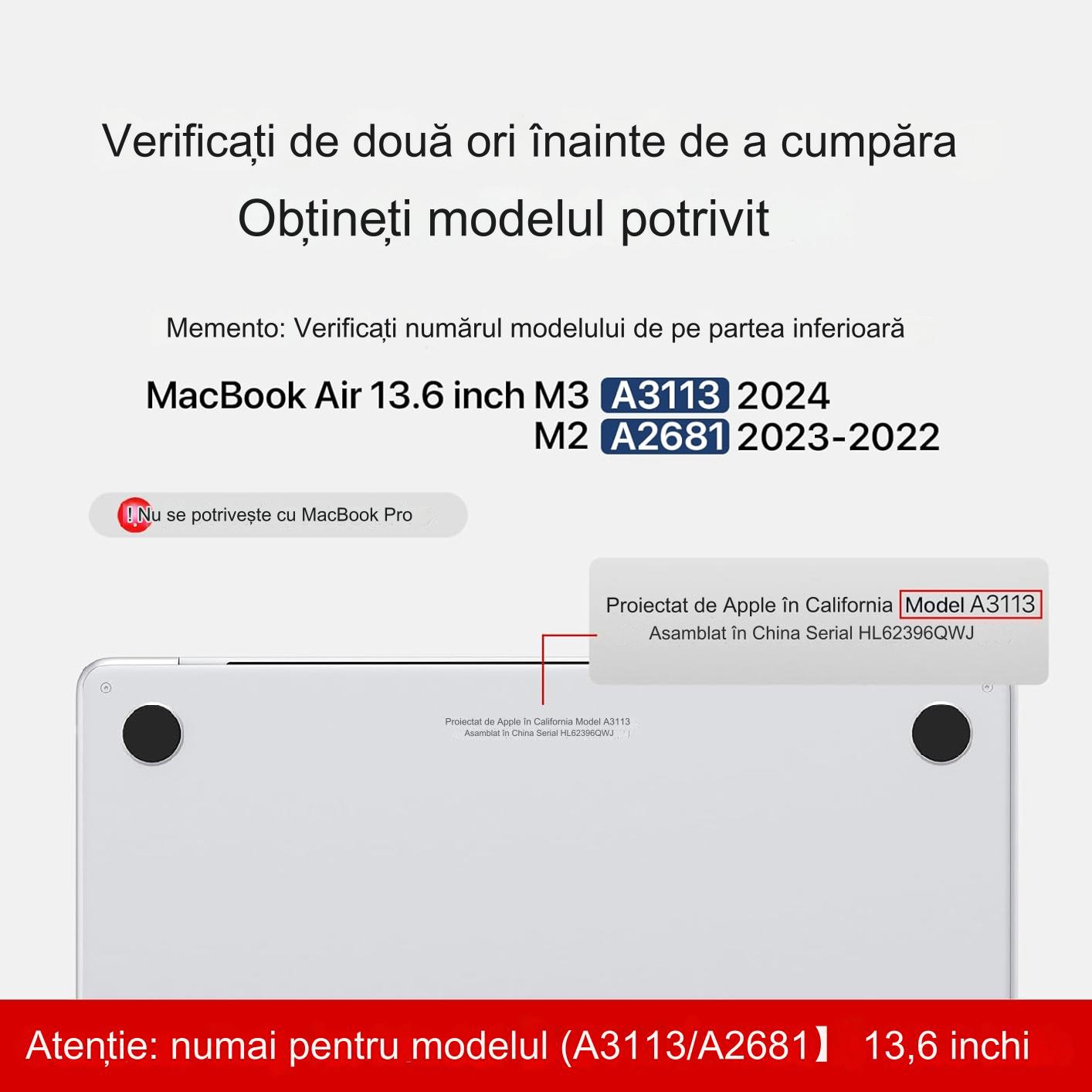 Carcasa pentru MacBook Air 13.6 inch 2022-2024, Modele aplicabile A3113/A2681, mat transparent