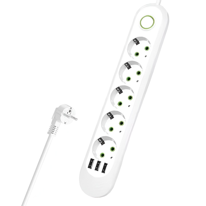 Удължител Teno®, 5 гнезда, 3 USB порта, ключ, вградена скоба за окачване, устойчив на високи температури, универсален, дължина 3 метра, бял