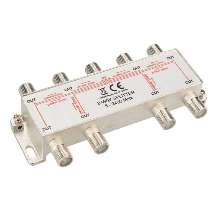 Splitter TV profesional e-SWC® pentru cablu coaxial, 8 iesiri, 5-2450 Mhz, metalic