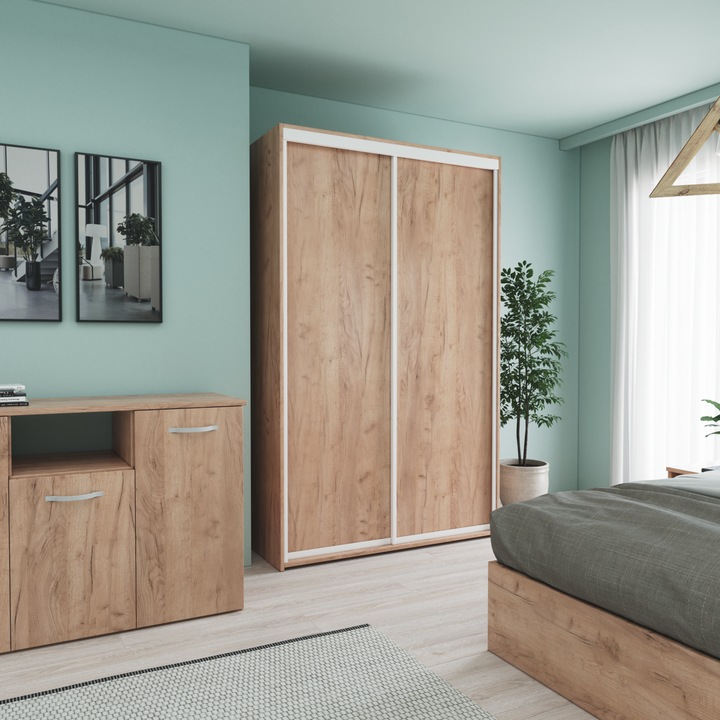 Dressing cu 2 Usi Glisante, Culoare Stejar Auriu, H200x120x60cm, bara de Umerase si 5 Polite de Depozitare Pal 18 mm