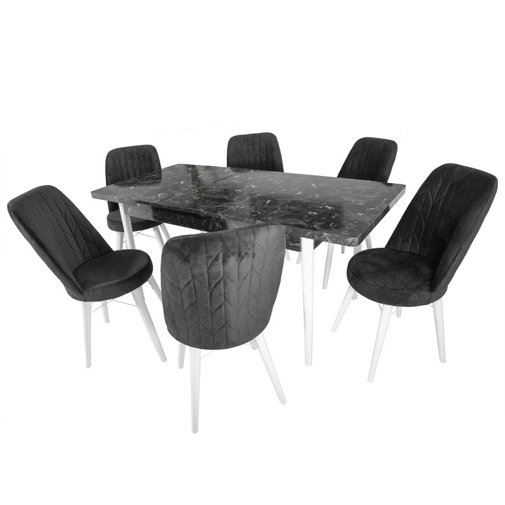 Set masa Napoli Black Marble cu 6 scaune Frankfurt negre, DENVER, extensibila, picioare vopsite alb, 130x80x76 cm