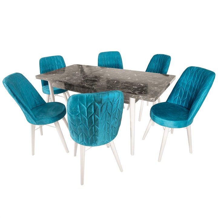 Set masa Napoli Black Marble cu 6 scaune Frankfurt turcoaz, DENVER, extensibila, picioare vopsite alb, 130x80x76 cm, albastru